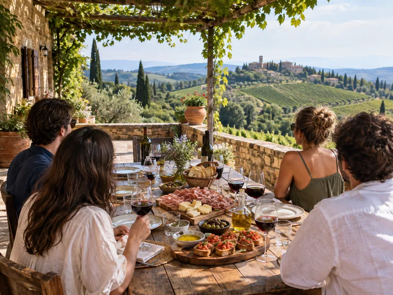 Tuscan farmhouse lunch table with red wine overlooking vineyards