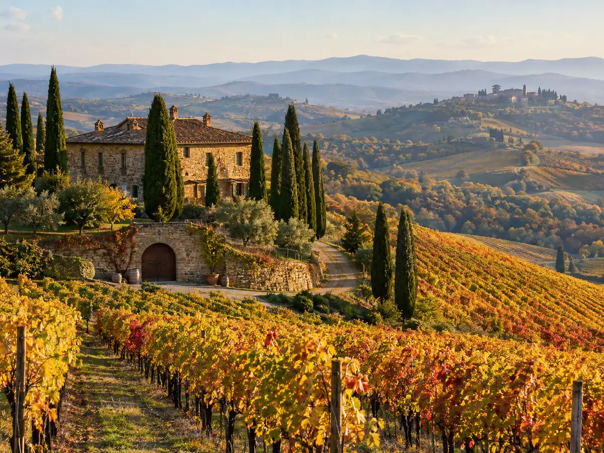 Chianti vineyards with a stone farmhouse and cypress trees