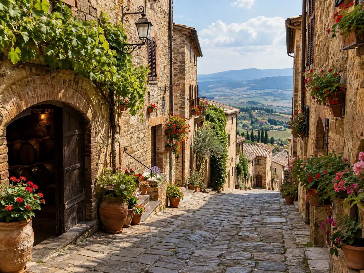 Steep cobbled lane in Montepulciano with stone palaces