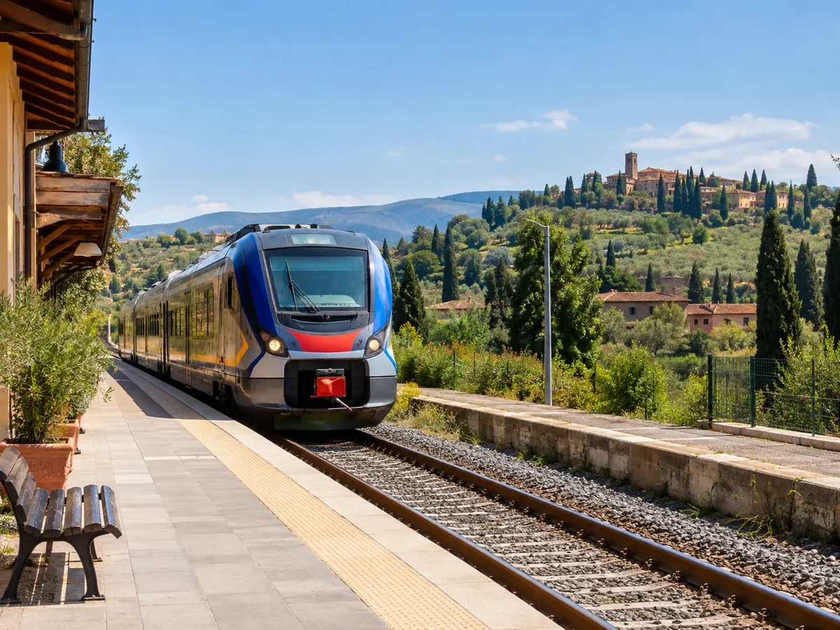 Regional train arriving at a small Tuscan station
