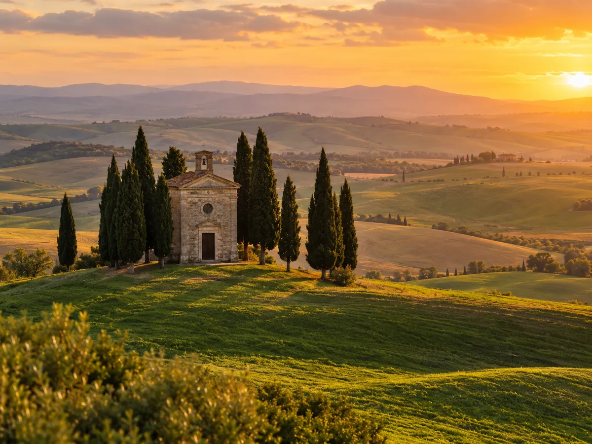 Small stone chapel ringed by cypress trees on a hill in the Val d'Orcia