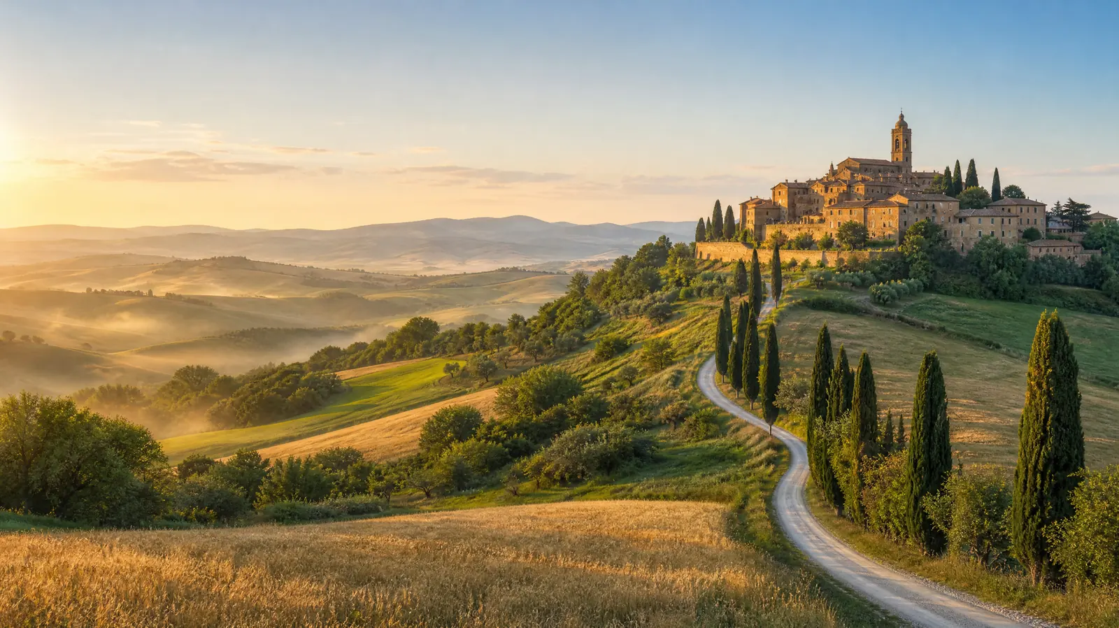 Cypress-lined road winding through the Tuscan hills to a hilltop village